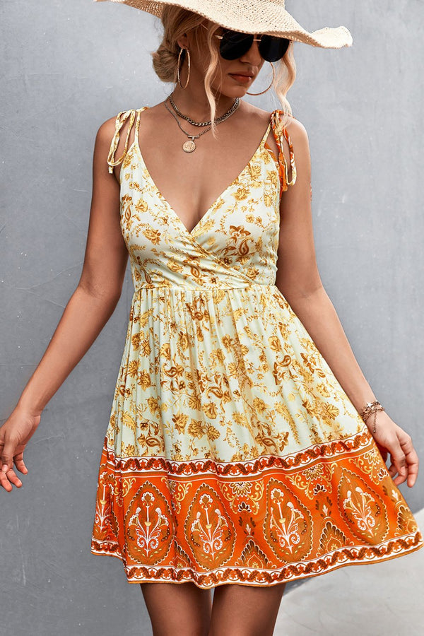 Bohemian Tie Shoulder Surplice Backless Mini Dress.