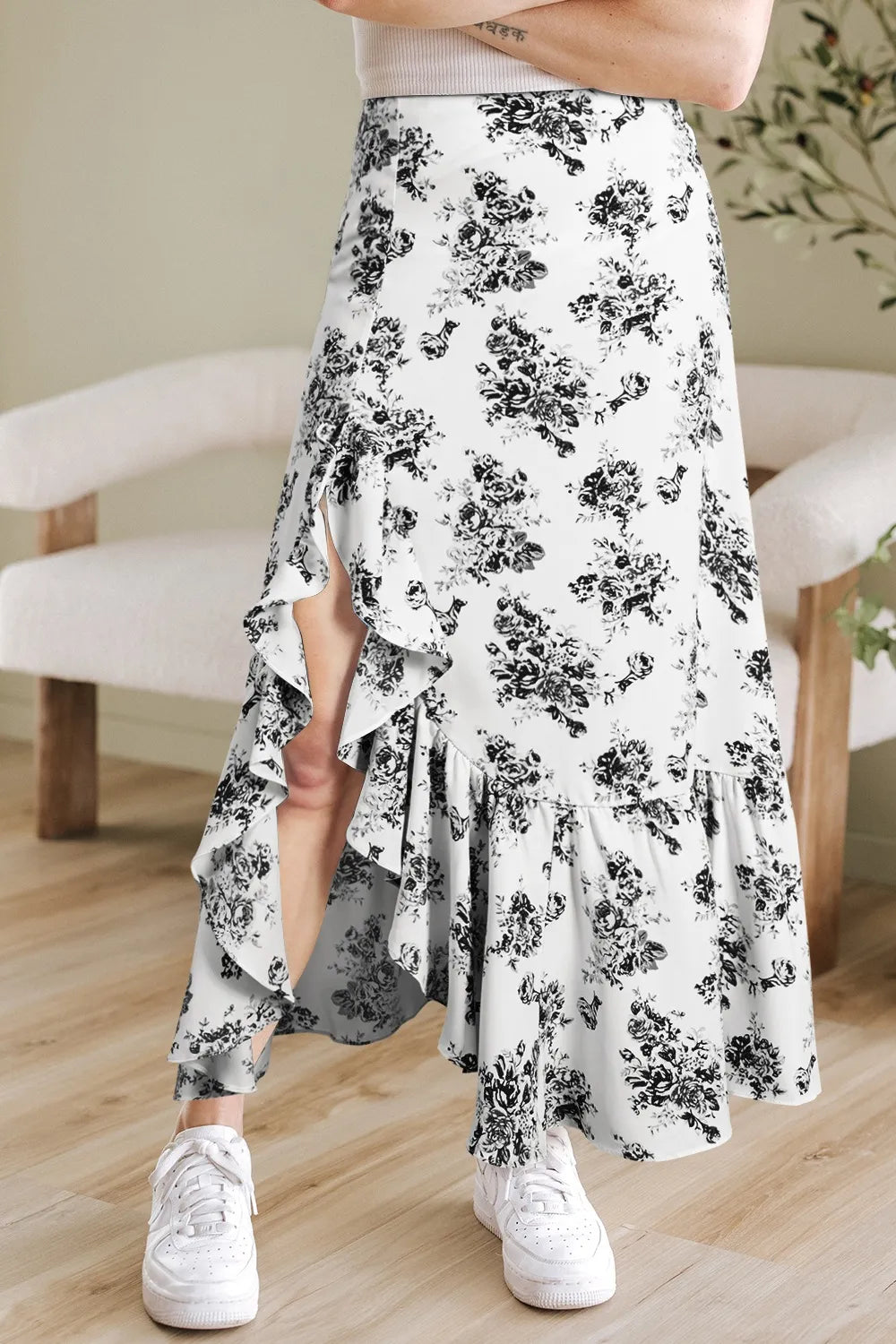 Boho Floral High Waist Ruffle Split Maxi Skirt.
