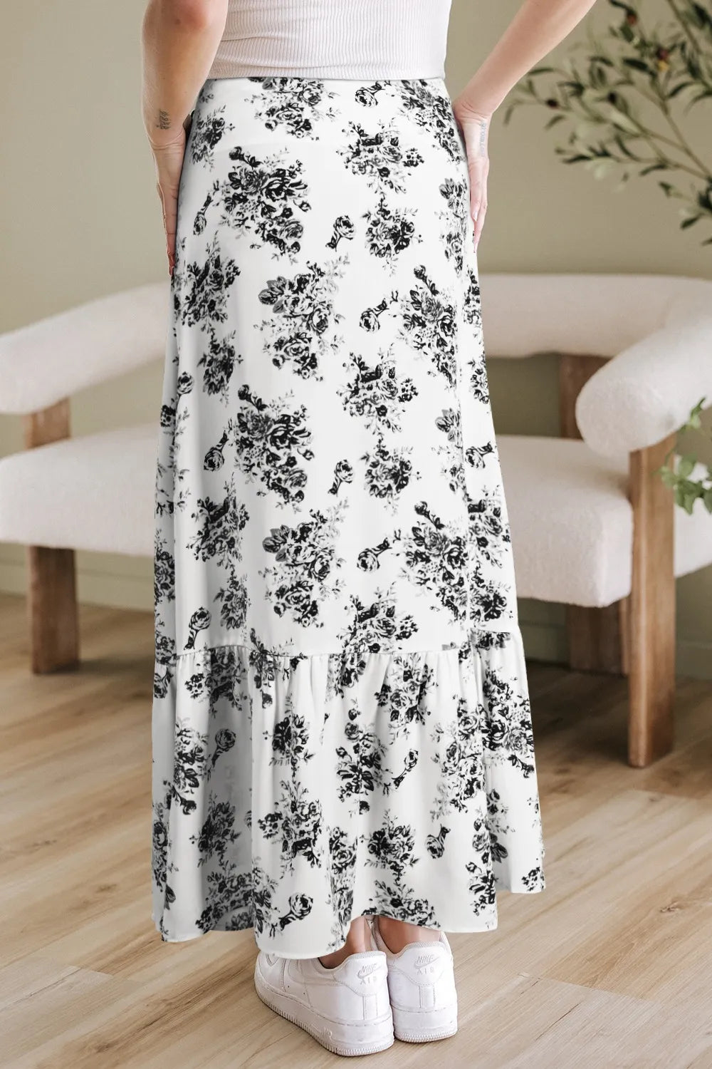Boho Floral High Waist Ruffle Split Maxi Skirt.