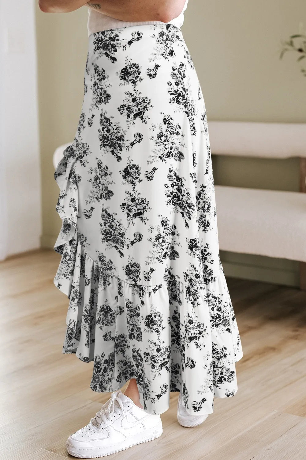 Boho Floral High Waist Ruffle Split Maxi Skirt.