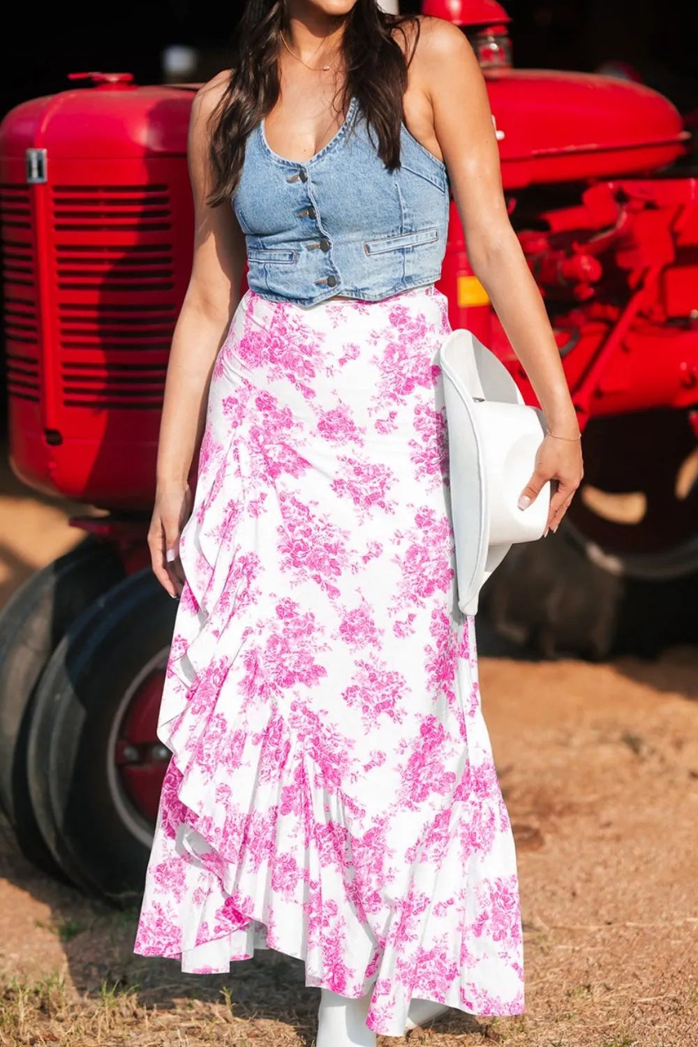Boho Floral High Waist Ruffle Split Maxi Skirt.
