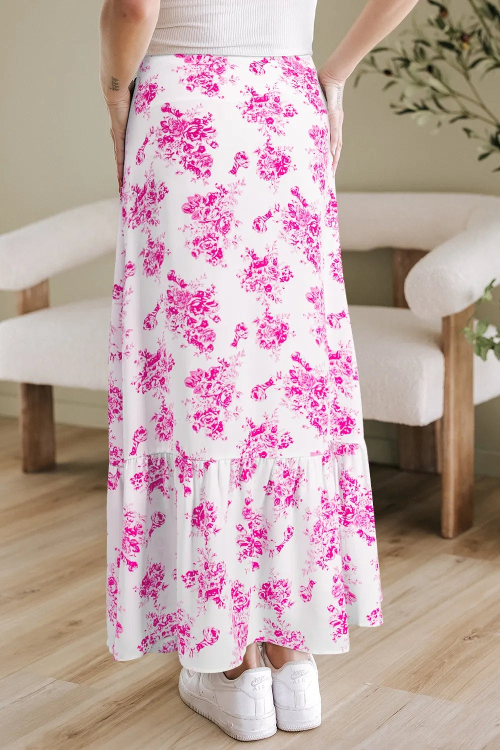 Boho Floral High Waist Ruffle Split Maxi Skirt.
