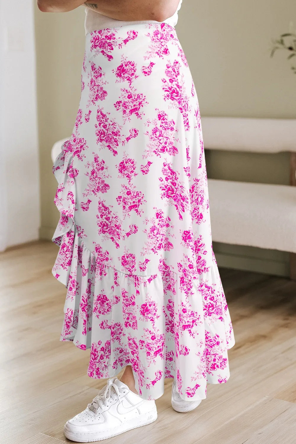 Boho Floral High Waist Ruffle Split Maxi Skirt.