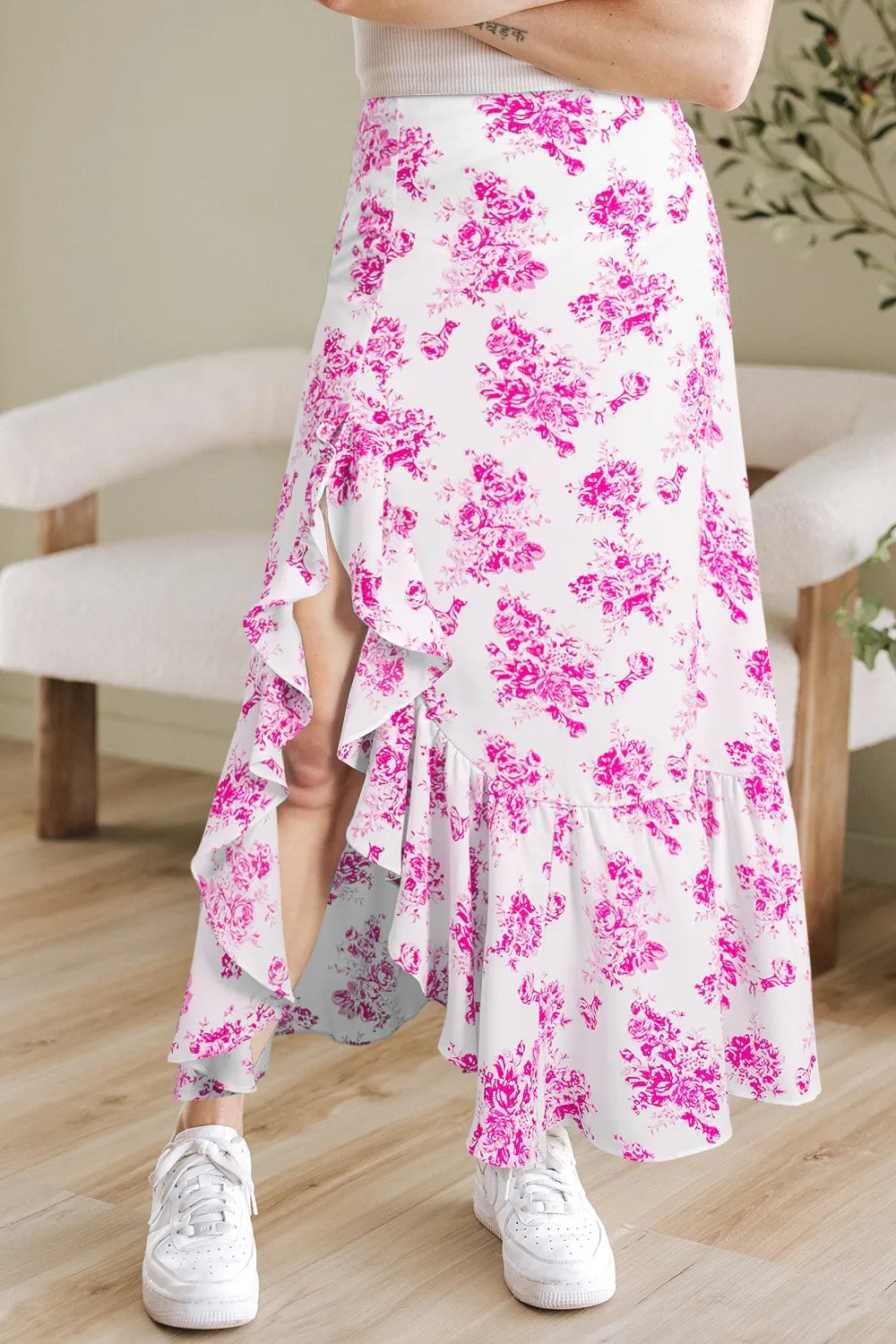 Boho Floral High Waist Ruffle Split Maxi Skirt.