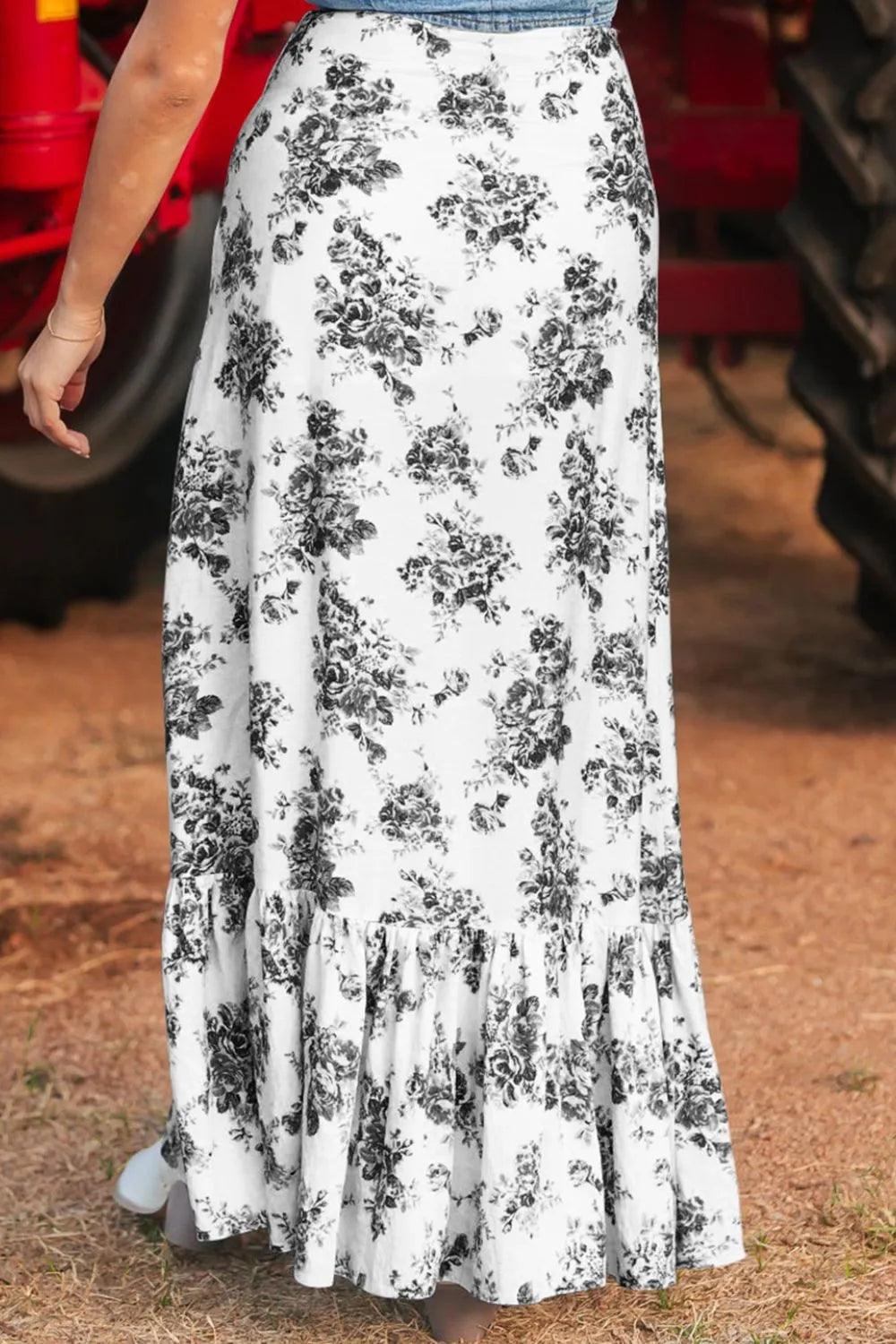 Boho Floral High Waist Ruffle Split Maxi Skirt.