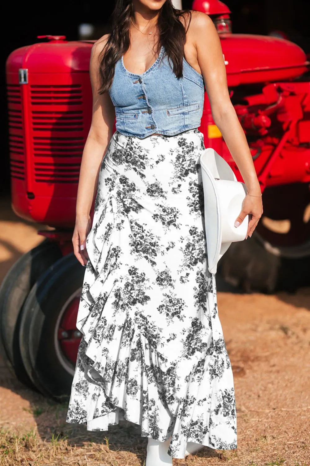 Boho Floral High Waist Ruffle Split Maxi Skirt.