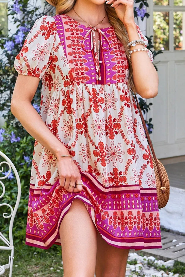 Boho Floral Short Sleeve Tie Neck Mini Dress with Buttons.