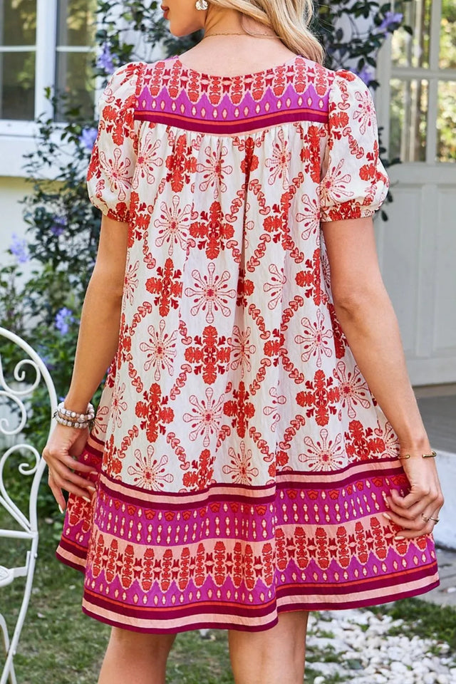 Boho Floral Short Sleeve Tie Neck Mini Dress with Buttons.