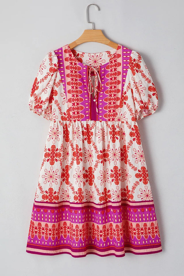 Boho Floral Short Sleeve Tie Neck Mini Dress with Buttons.