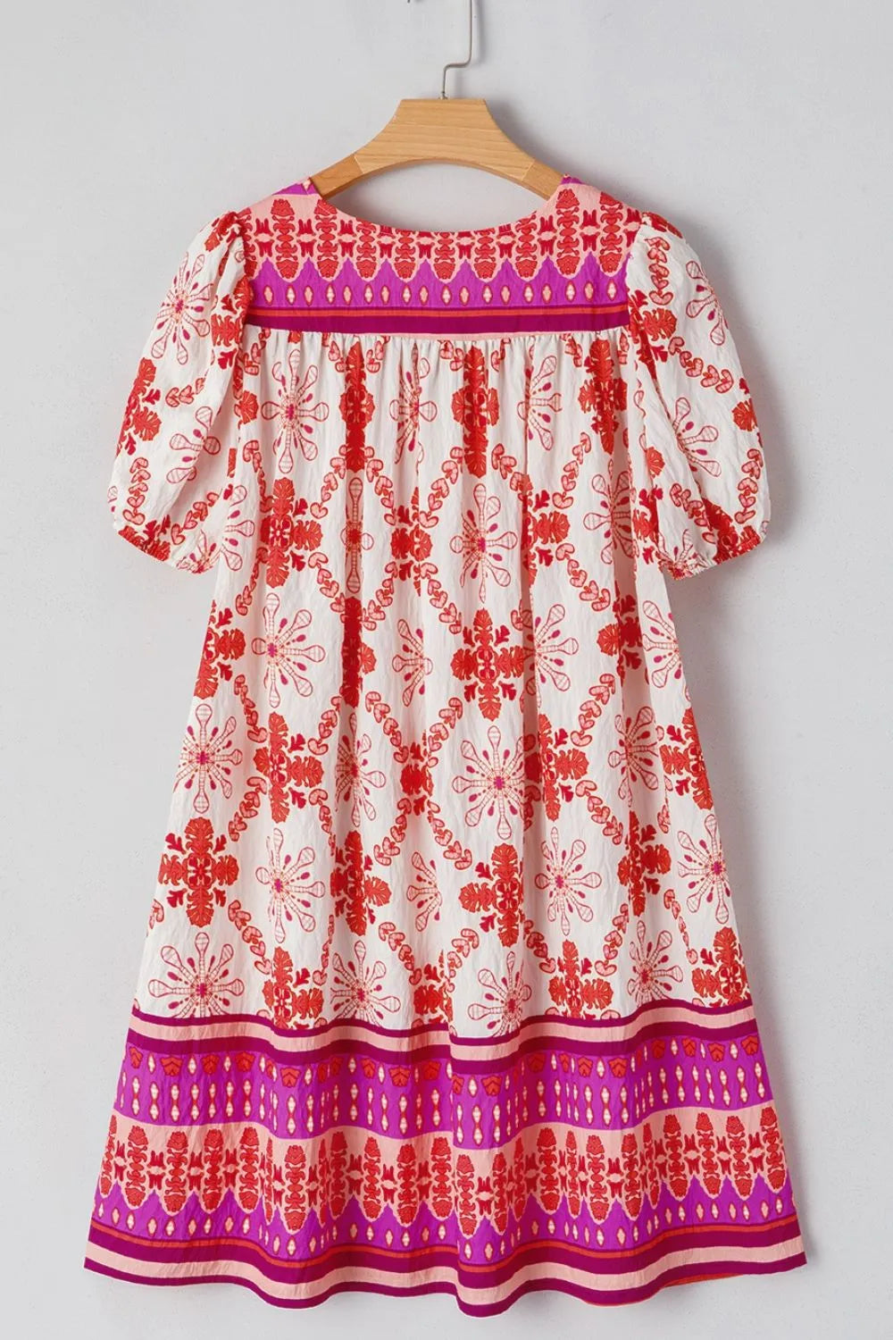 Boho Floral Short Sleeve Tie Neck Mini Dress with Buttons.