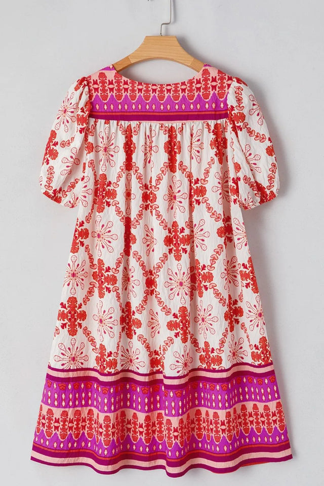 Boho Floral Short Sleeve Tie Neck Mini Dress with Buttons.
