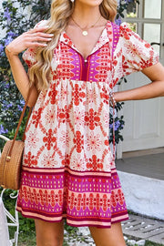 Boho Floral Short Sleeve Tie Neck Mini Dress with Buttons.