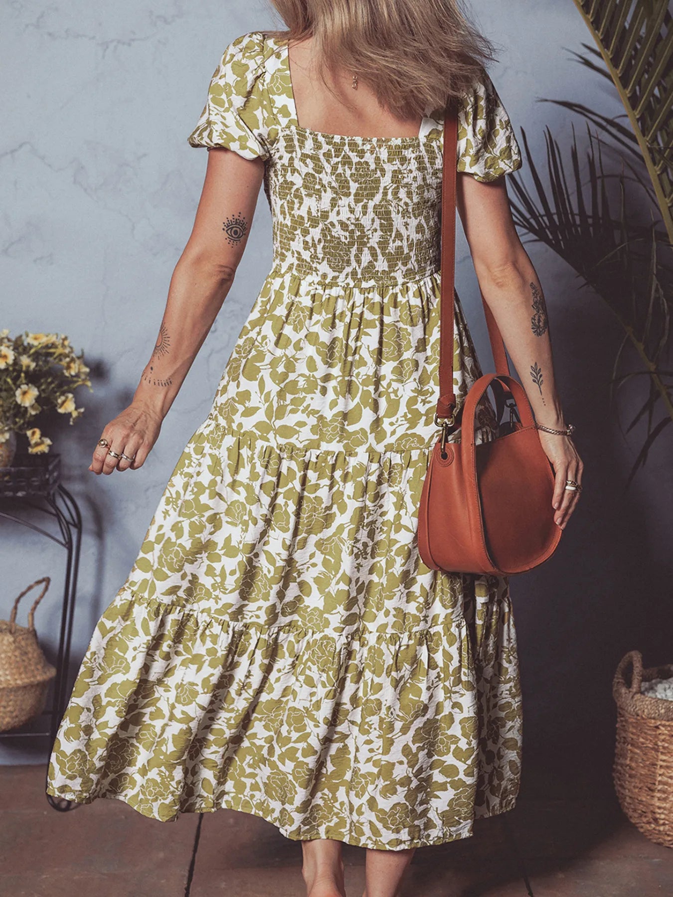 Boho Floral Square Neck Smocked Bust Puff Sleeve Tiered Dress.