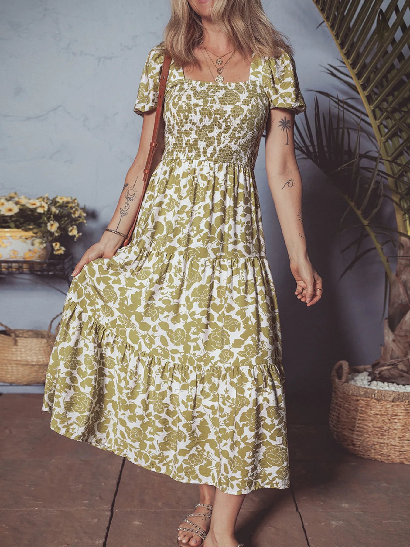 Boho Floral Square Neck Smocked Bust Puff Sleeve Tiered Dress.