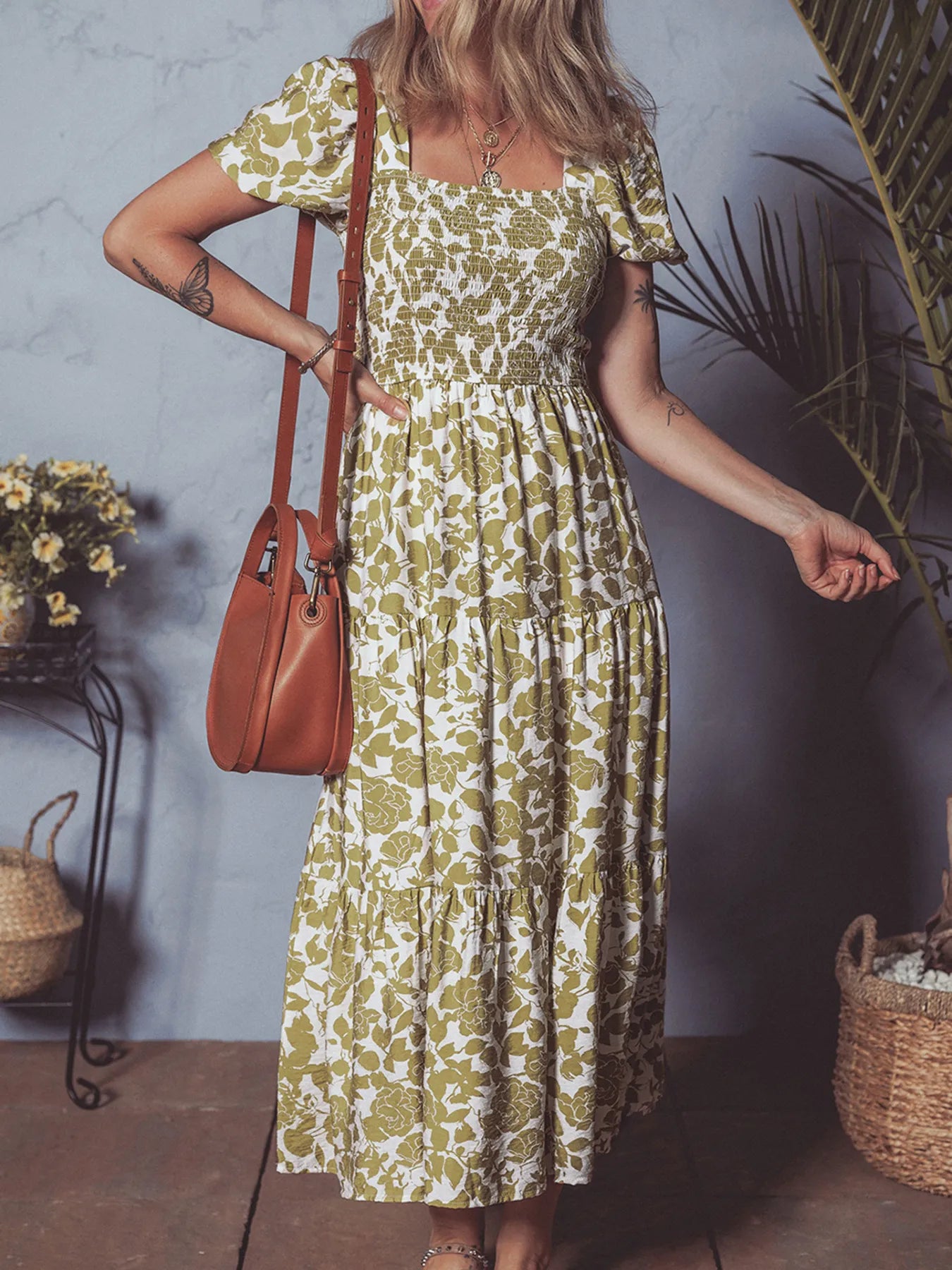 Boho Floral Square Neck Smocked Bust Puff Sleeve Tiered Dress.