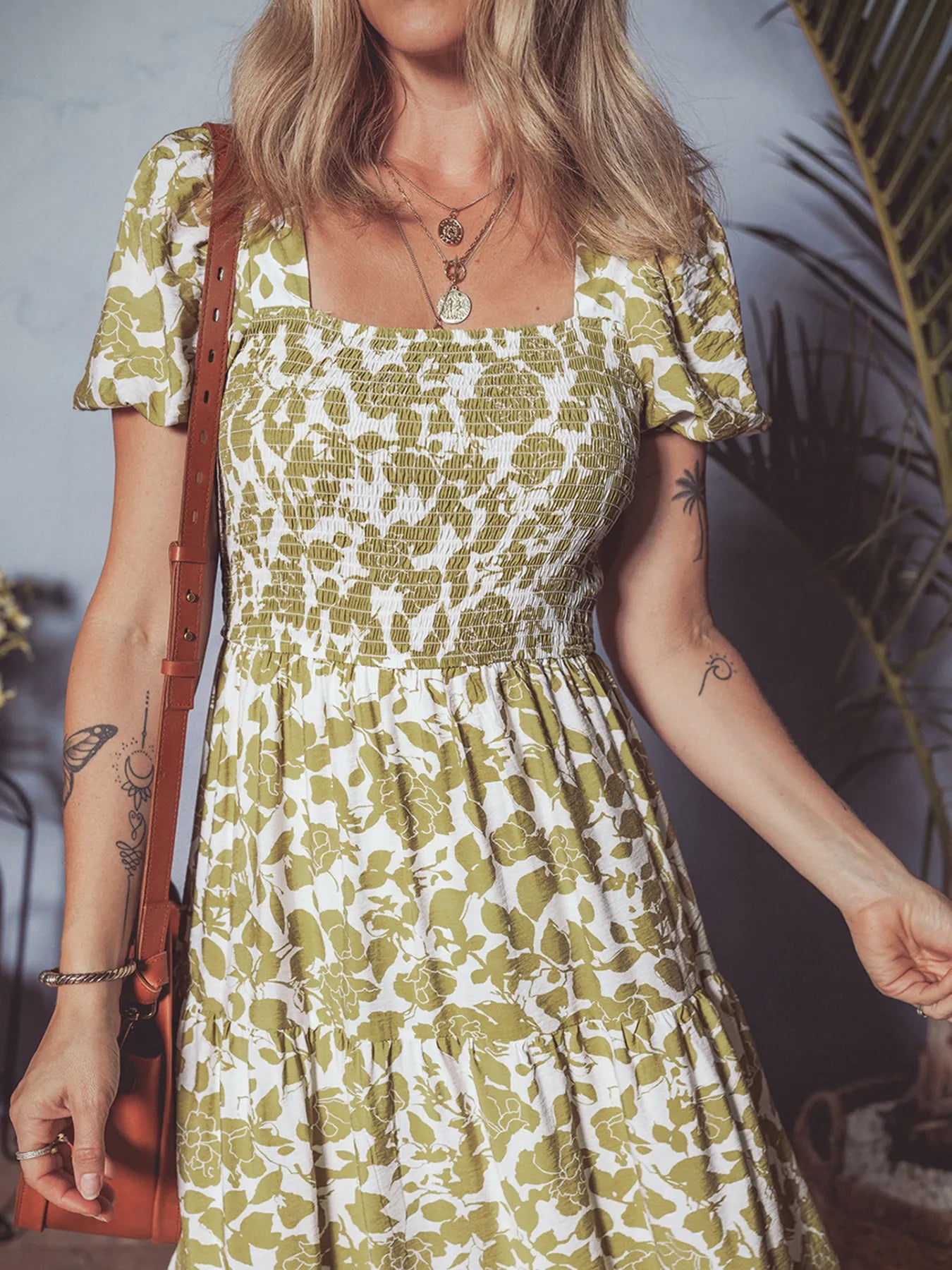 Boho Floral Square Neck Smocked Bust Puff Sleeve Tiered Dress.