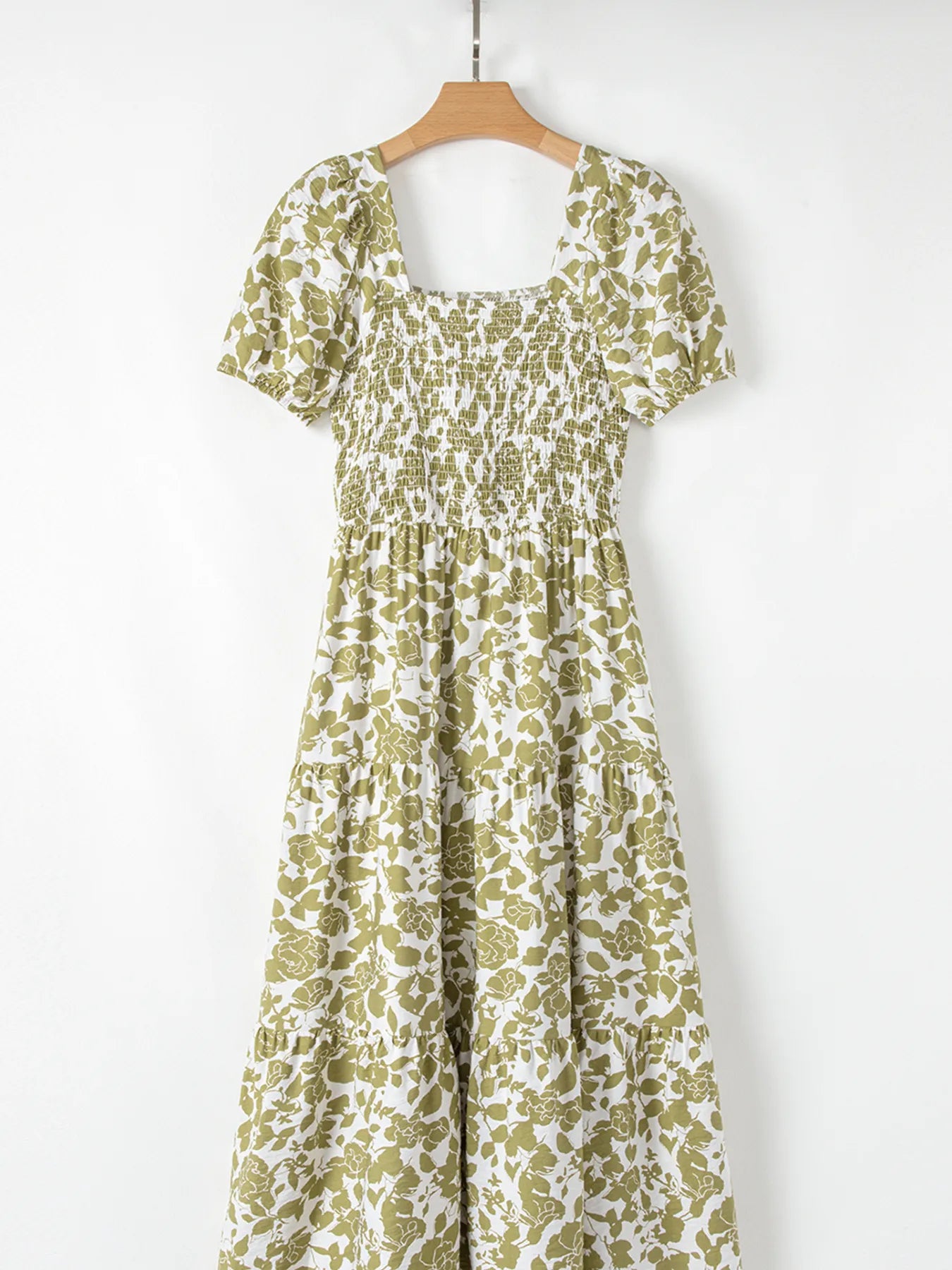 Boho Floral Square Neck Smocked Bust Puff Sleeve Tiered Dress.