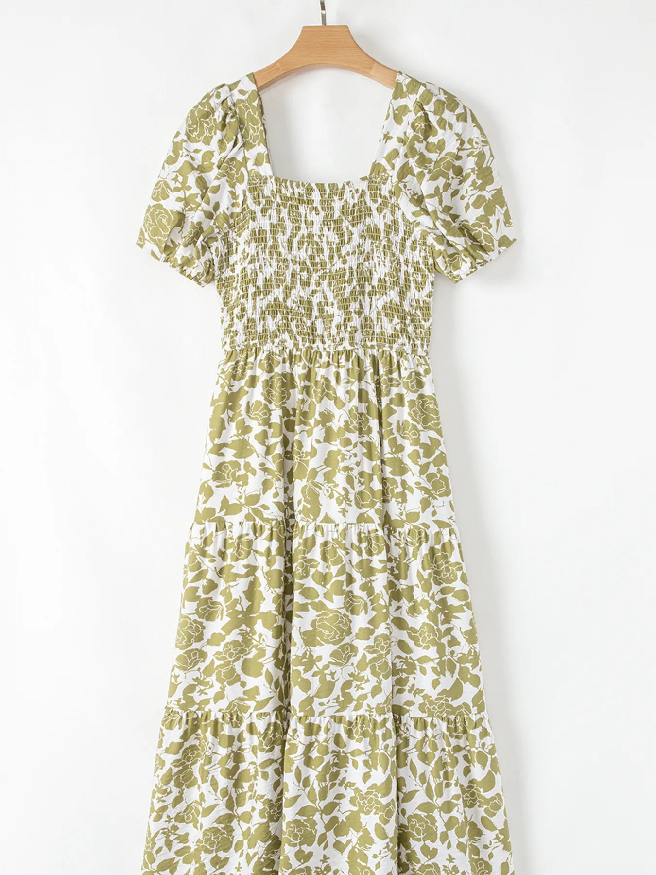 Boho Floral Square Neck Smocked Bust Puff Sleeve Tiered Dress.