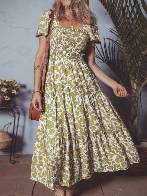 Boho Floral Square Neck Smocked Bust Puff Sleeve Tiered Dress.