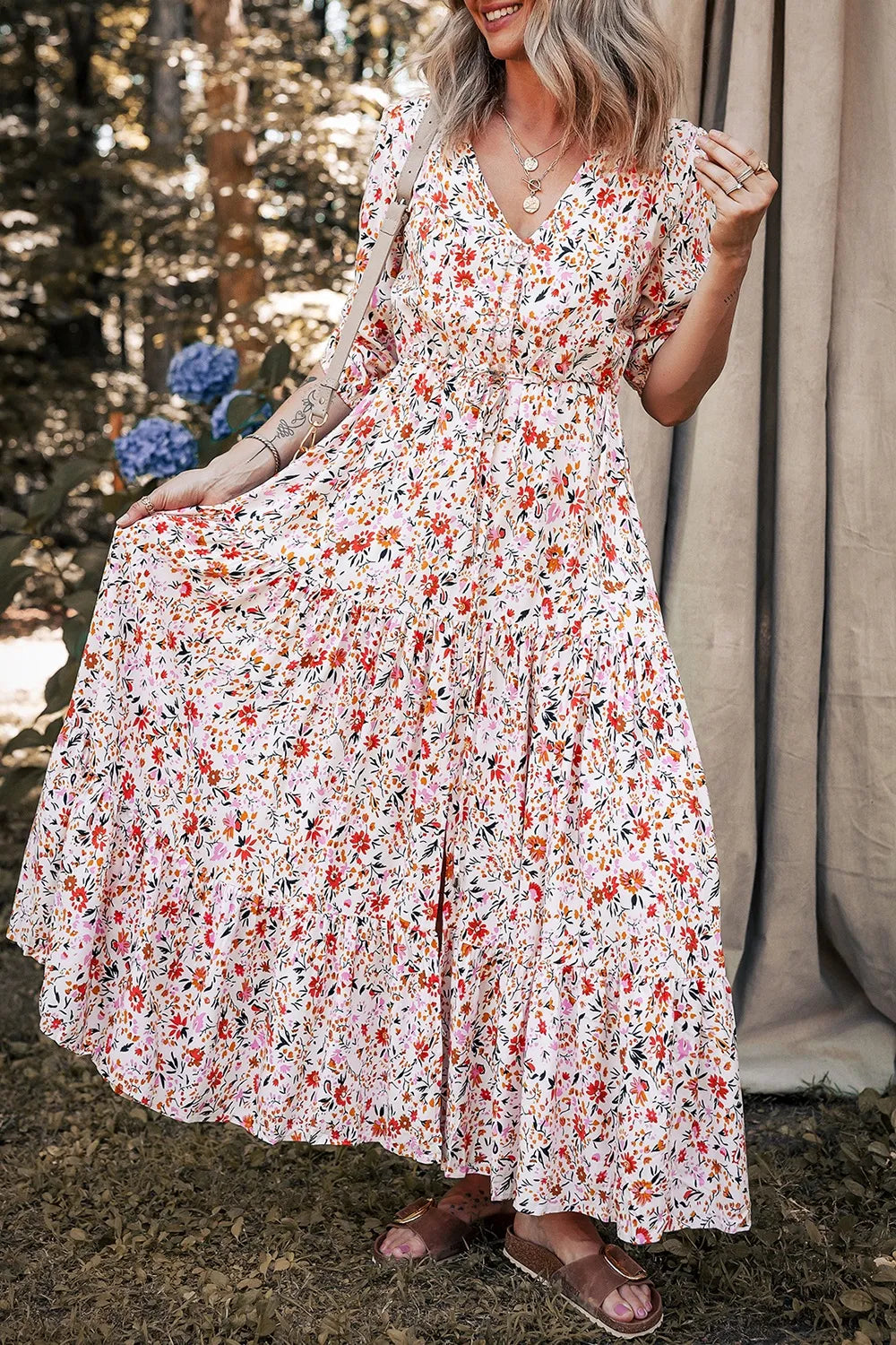 Boho Half Sleeve Floral V-Neck Maxi Dress with Button and Tie.