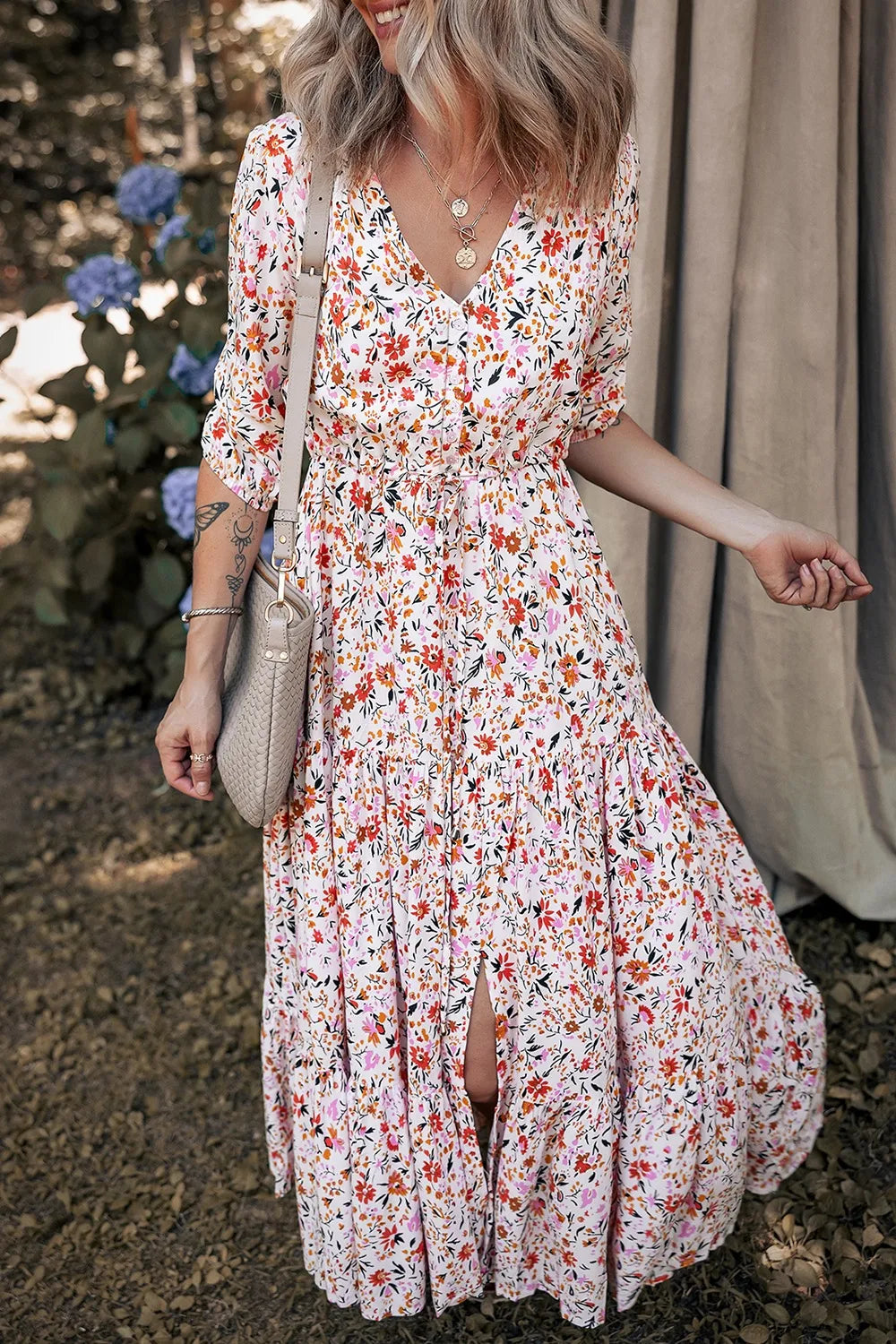Boho Half Sleeve Floral V-Neck Maxi Dress with Button and Tie.