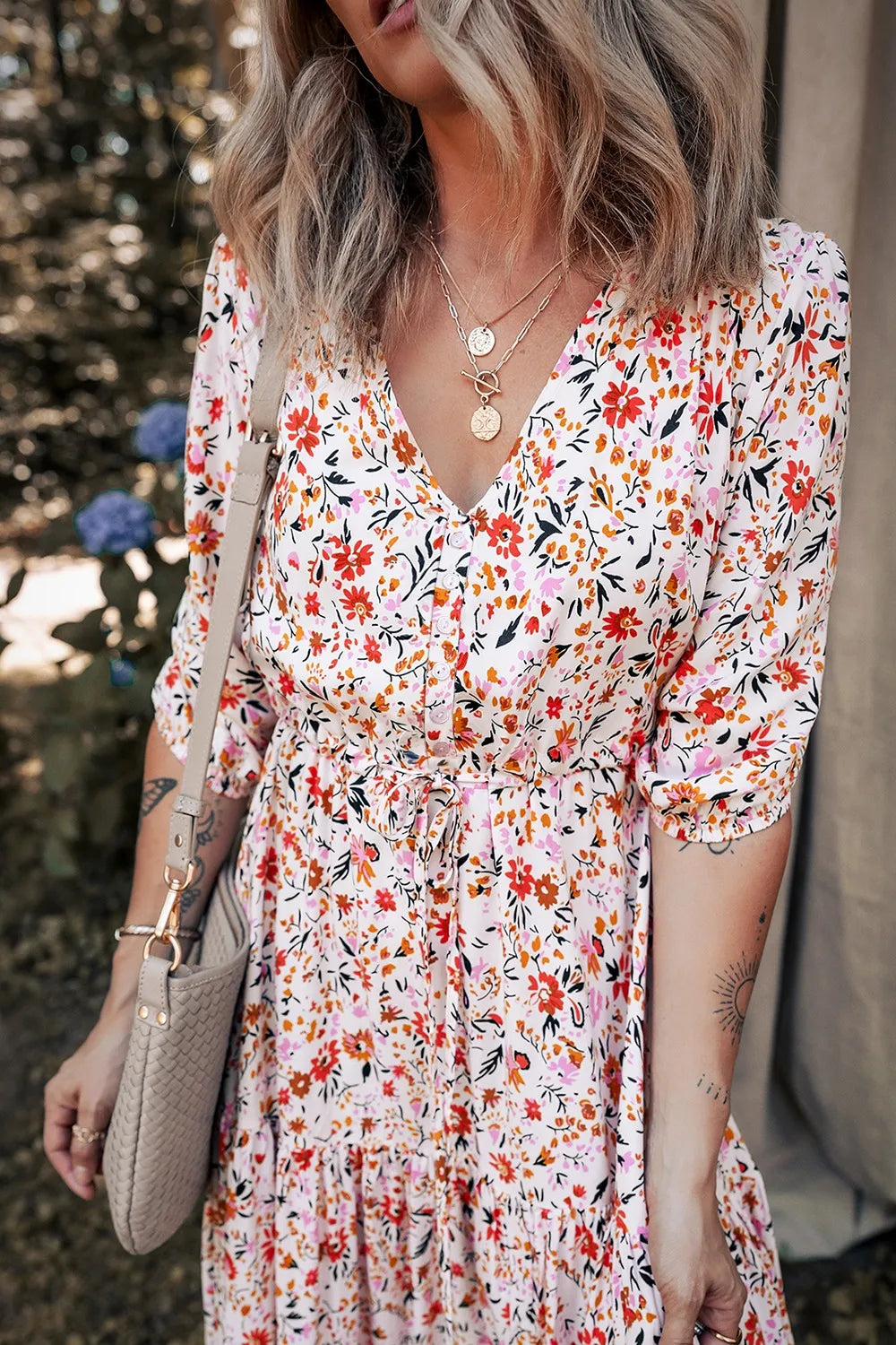 Boho Half Sleeve Floral V-Neck Maxi Dress with Button and Tie.
