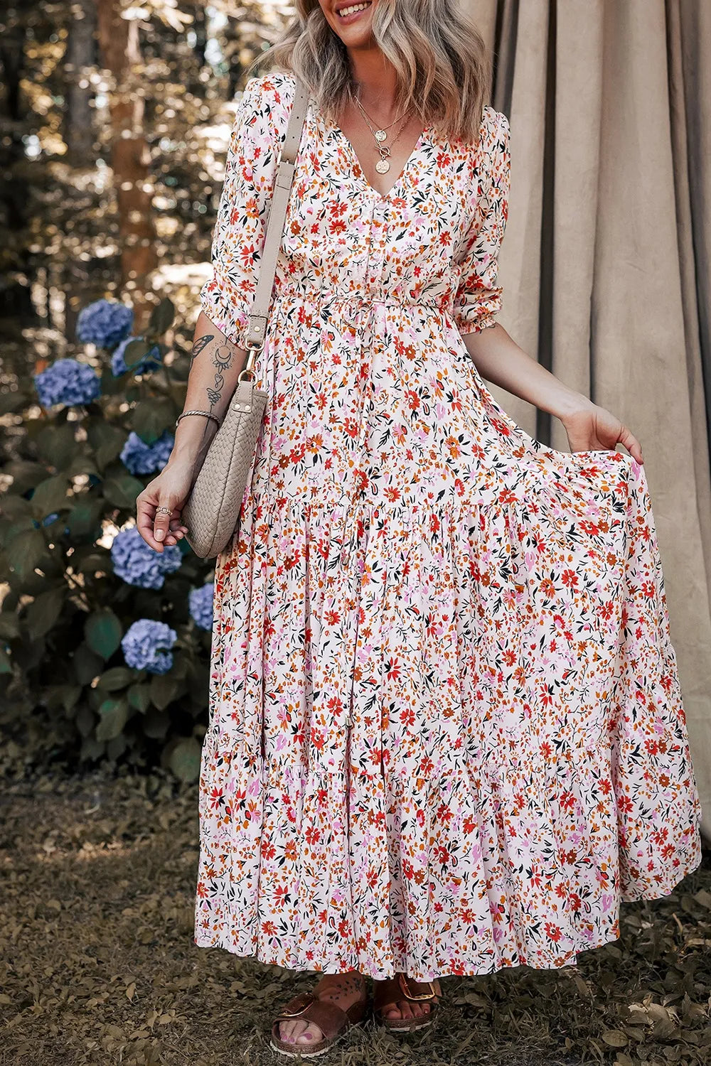 Boho Half Sleeve Floral V-Neck Maxi Dress with Button and Tie.