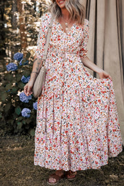 Boho Half Sleeve Floral V-Neck Maxi Dress with Button and Tie.