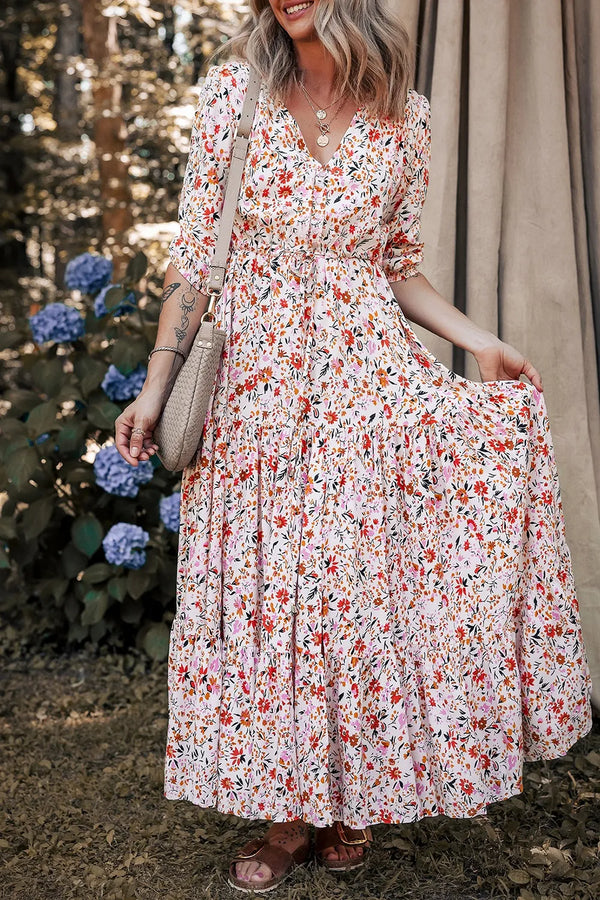 Boho Half Sleeve Floral V-Neck Maxi Dress with Button and Tie.