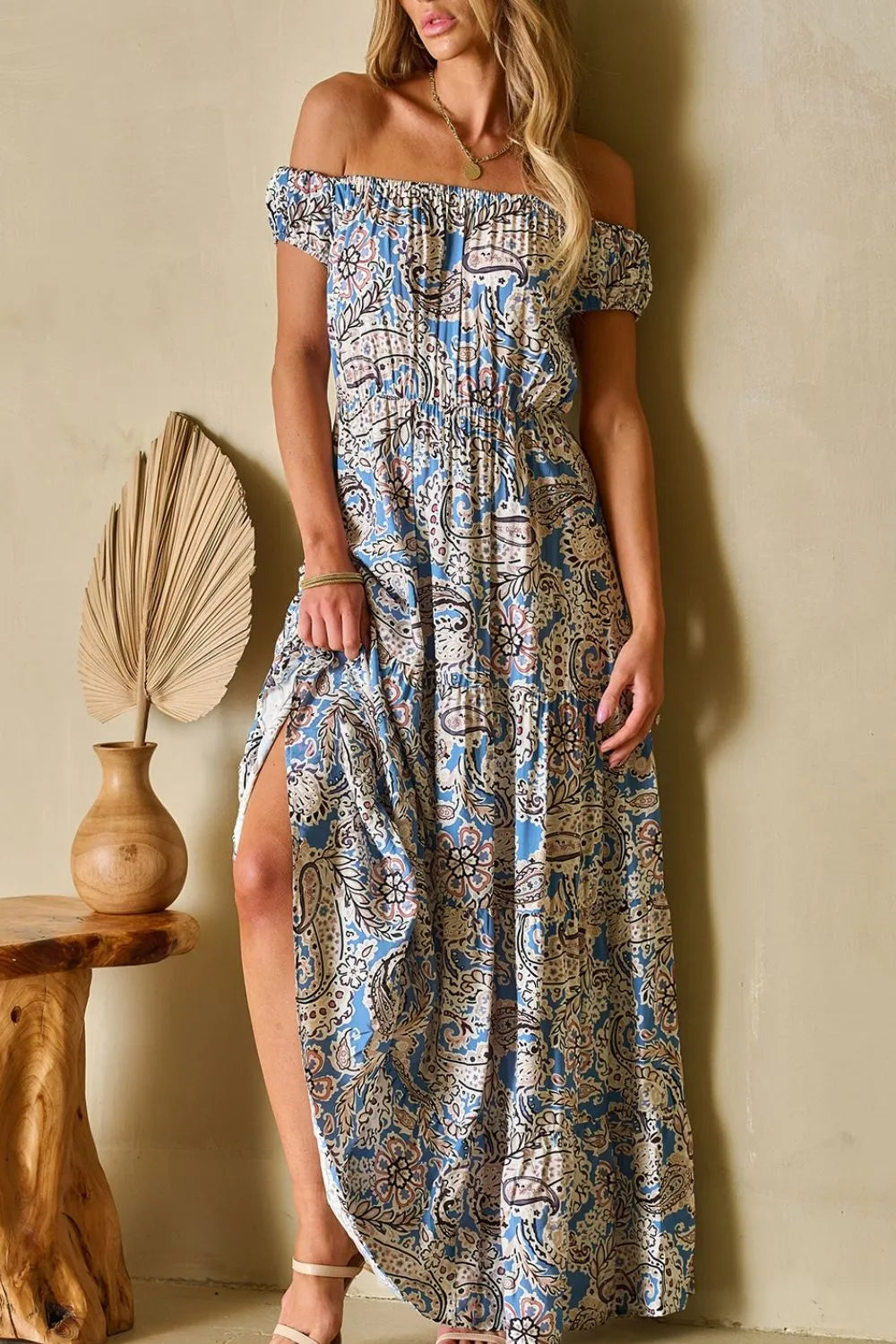 Boho Paisley Print Off Shoulder Maxi Dress.