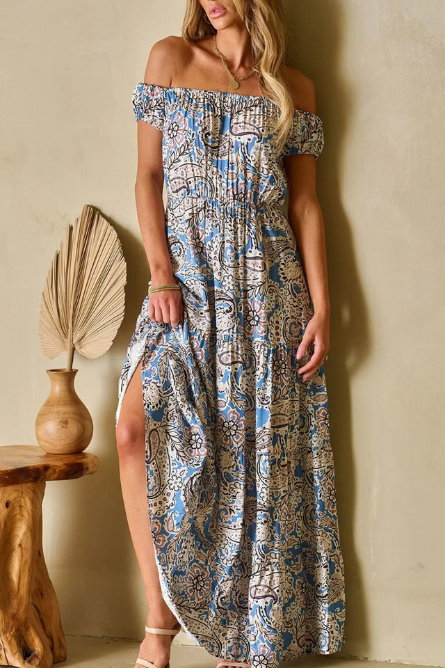 Boho Paisley Print Off Shoulder Maxi Dress.