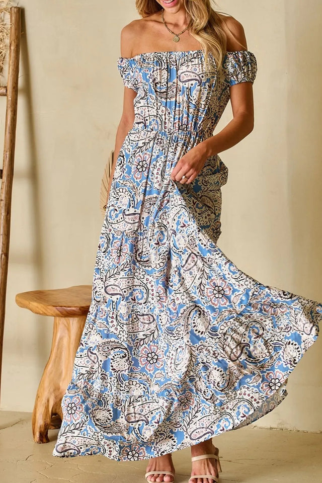 Boho Paisley Print Off Shoulder Maxi Dress.