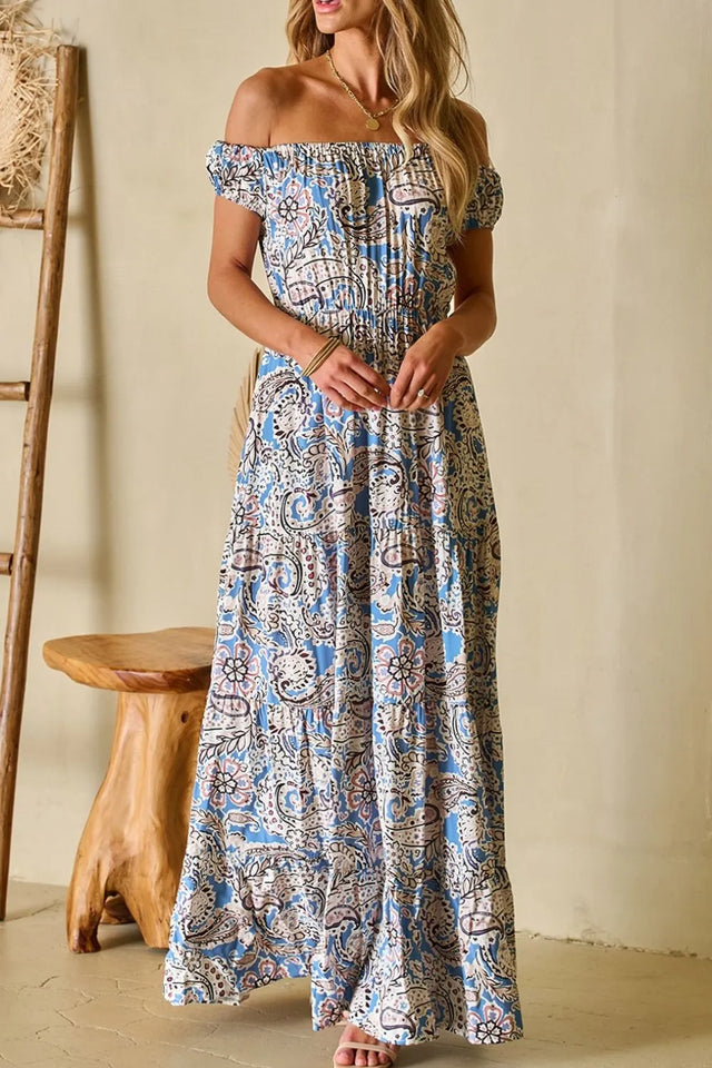 Boho Paisley Print Off Shoulder Maxi Dress.