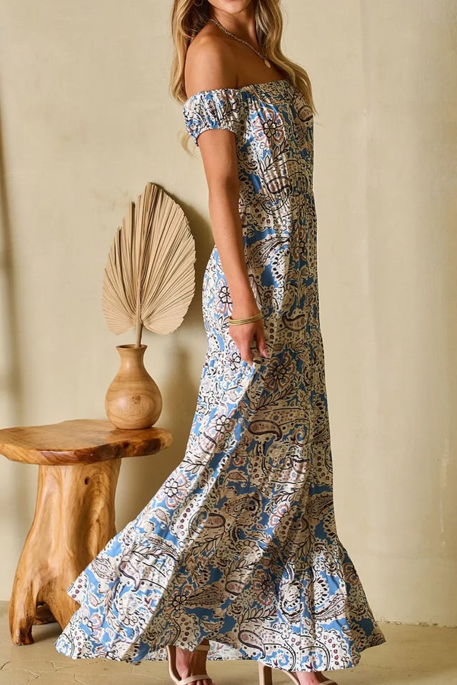 Boho Paisley Print Off Shoulder Maxi Dress.