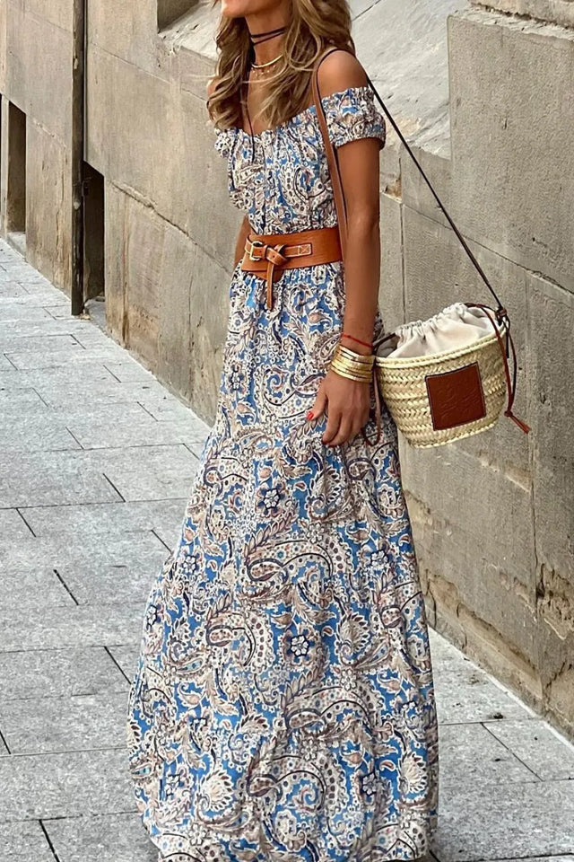 Boho Paisley Print Off Shoulder Maxi Dress.