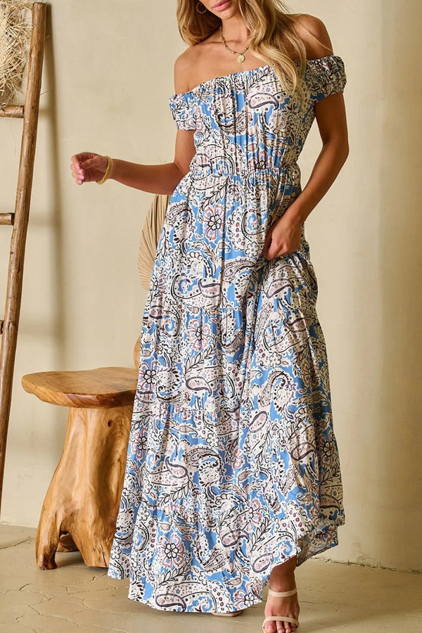 Boho Paisley Print Off Shoulder Maxi Dress.