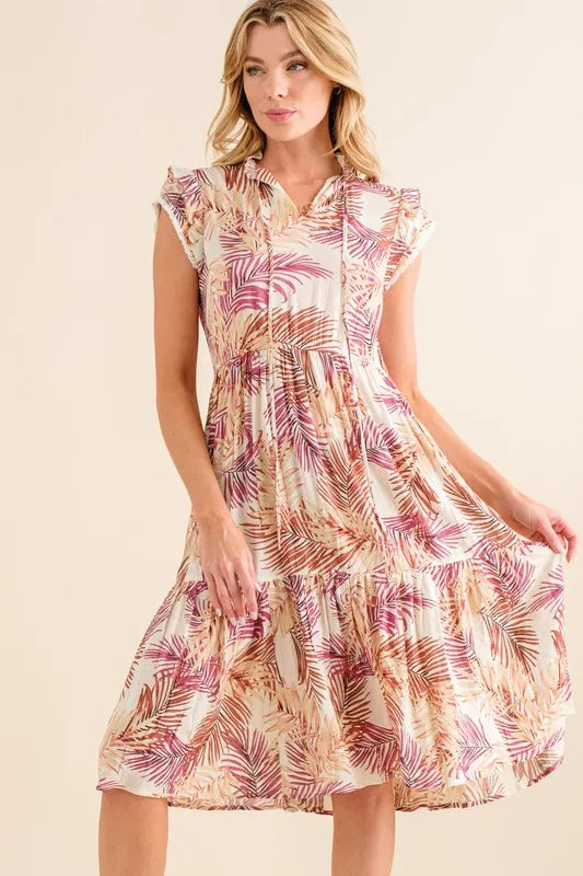 Floral Contrast Edge Layered Short Sleeve Mini Dress.