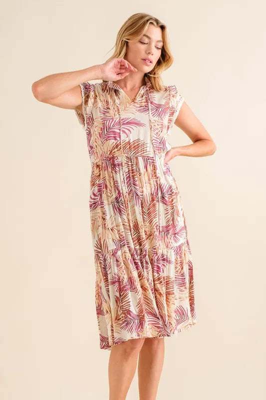 Floral Cutout Flounce Sleeve Dress.