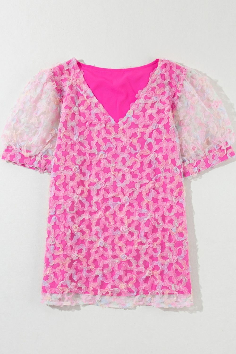 Bonbon flowery mesh short puff sleeve blouse.