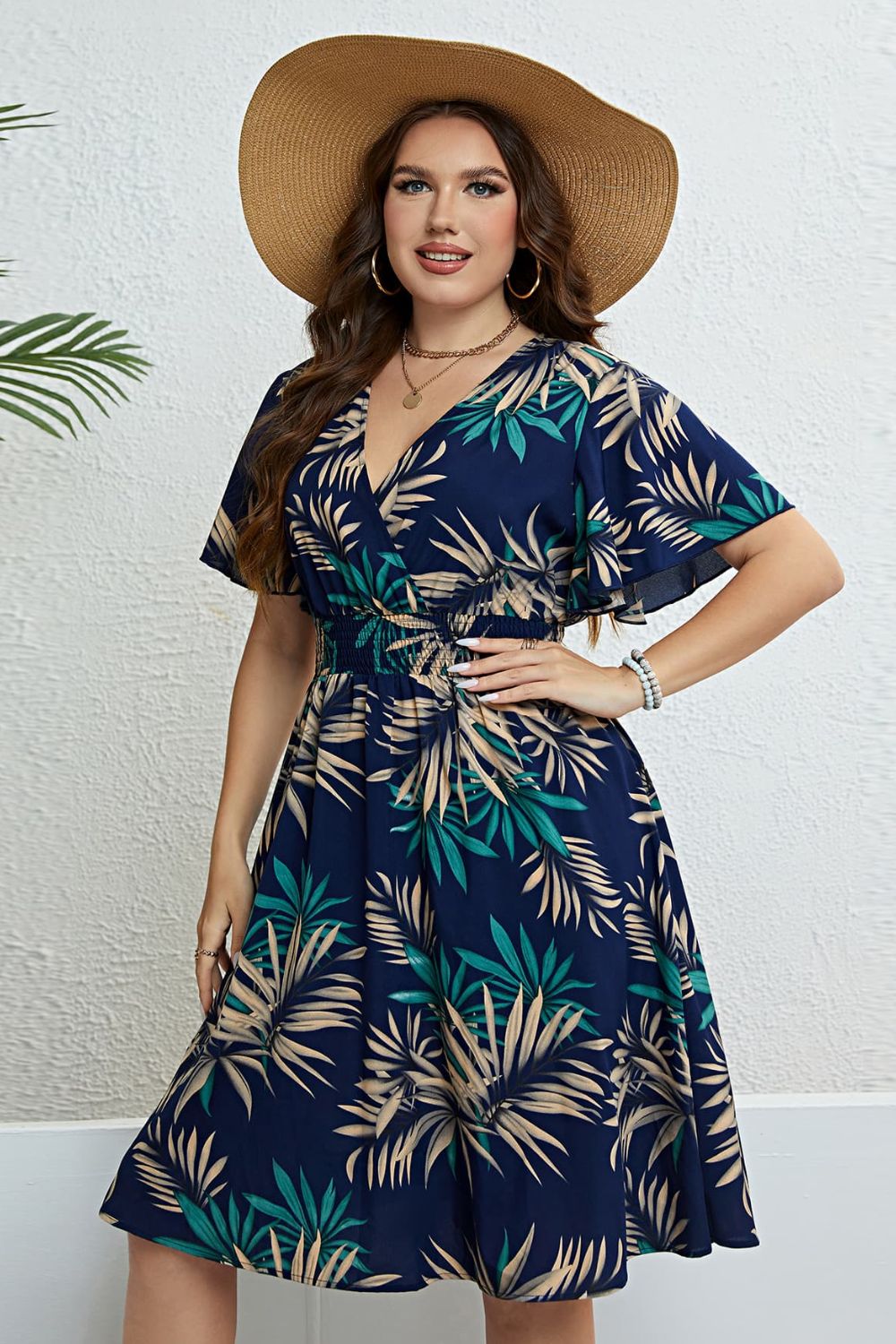 Honey Botanical Print Flutter Sleeve Smocked Waist Dress.