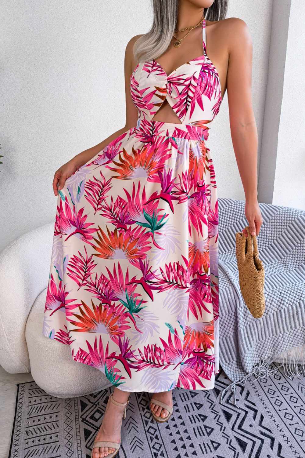 Botanical Print Tied Backless Cutout Slit Maxi Dress.