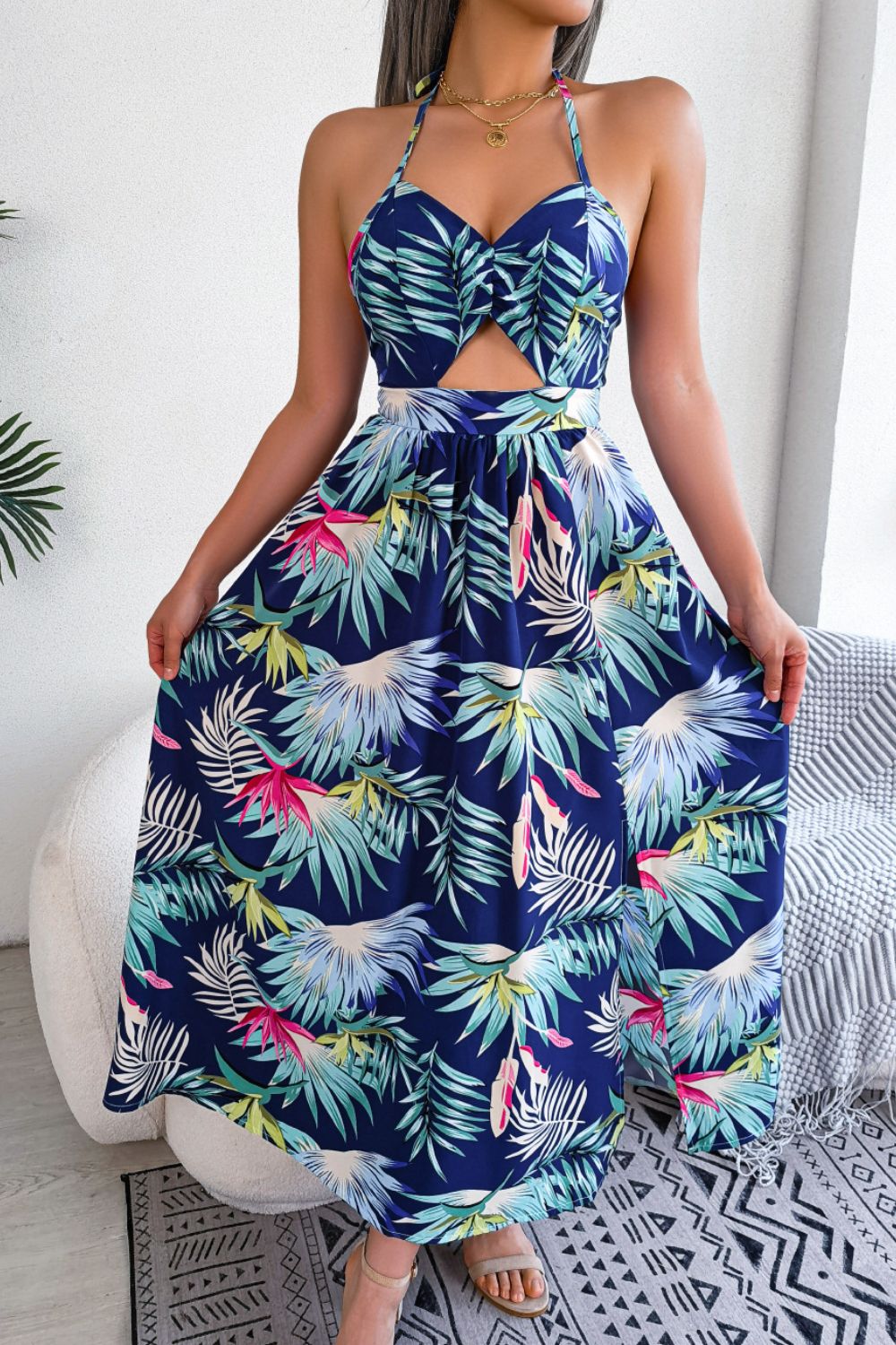 Botanical Print Tied Backless Cutout Slit Maxi Dress.