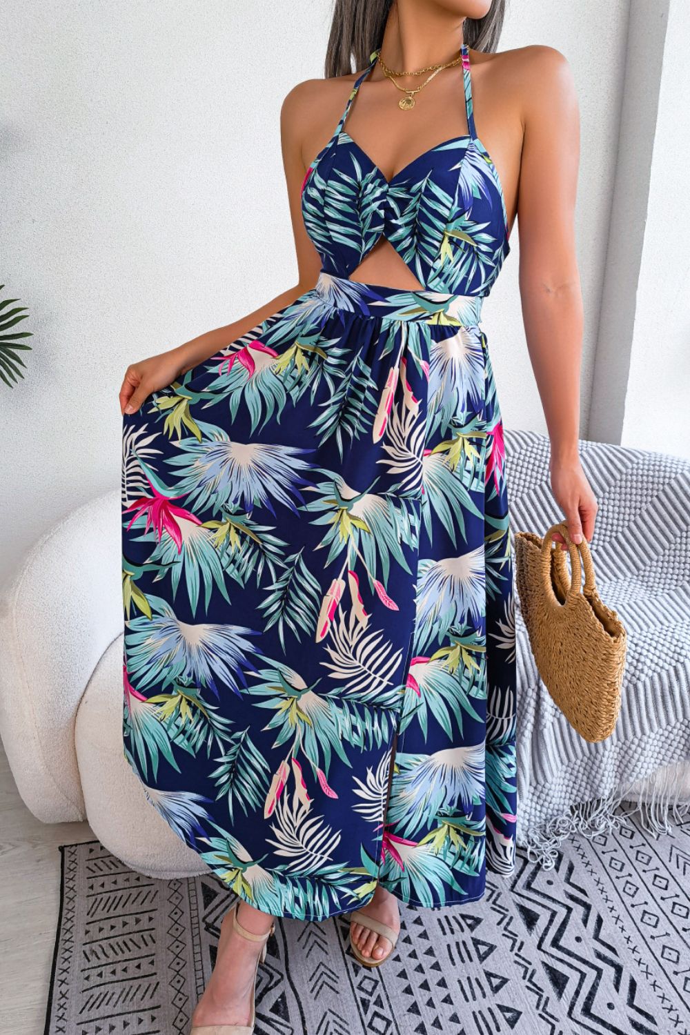 Botanical Print Tied Backless Cutout Slit Maxi Dress.