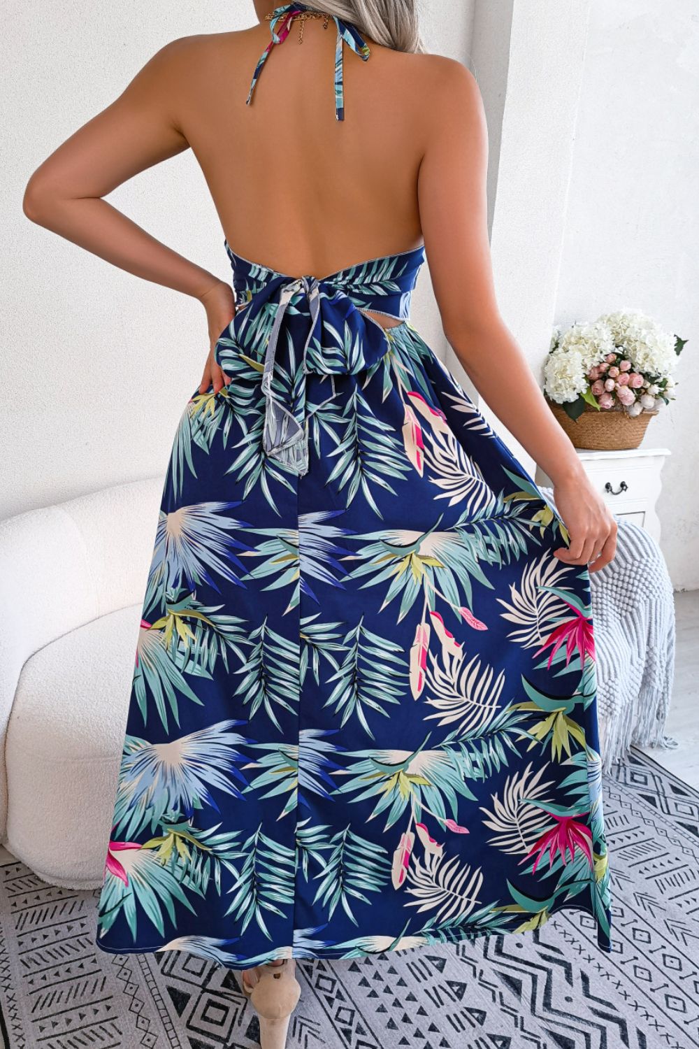 Botanical Print Tied Backless Cutout Slit Maxi Dress.