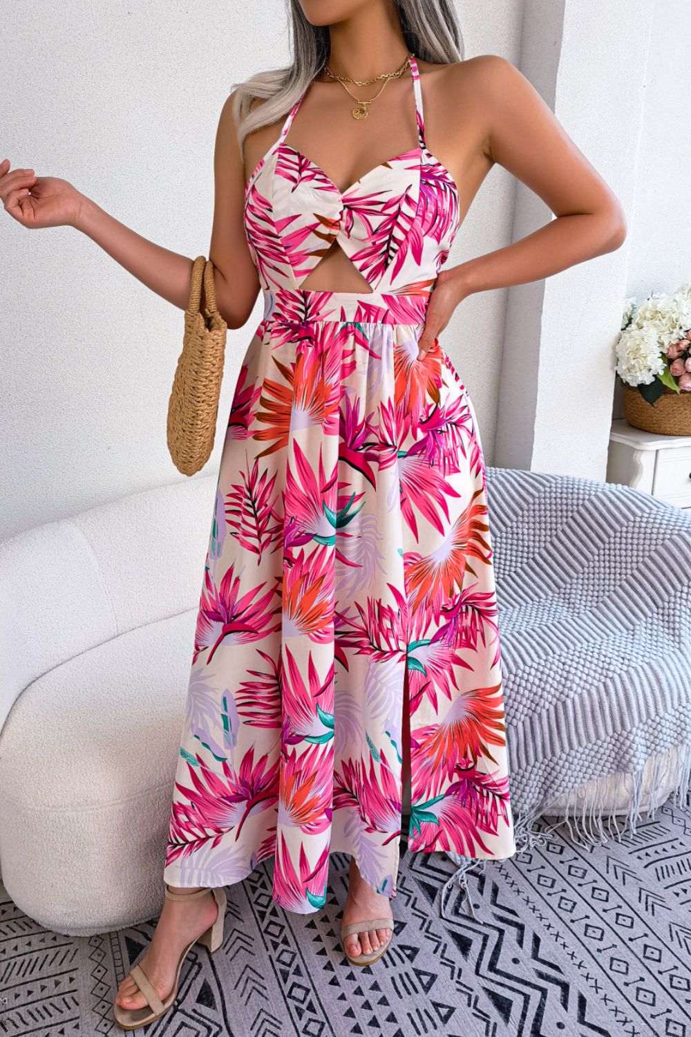 Botanical Print Tied Backless Cutout Slit Maxi Dress.