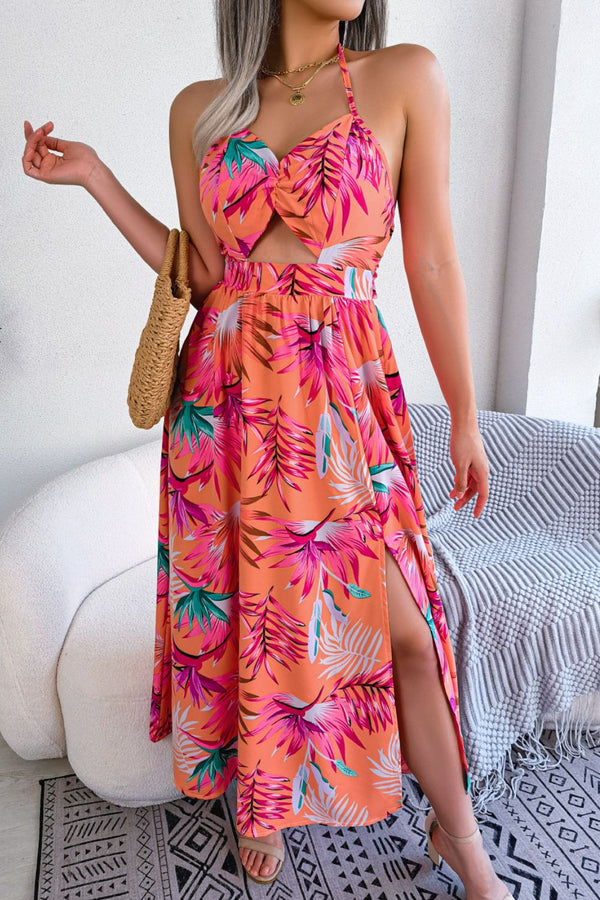Botanical Print Tied Backless Cutout Slit Maxi Dress.