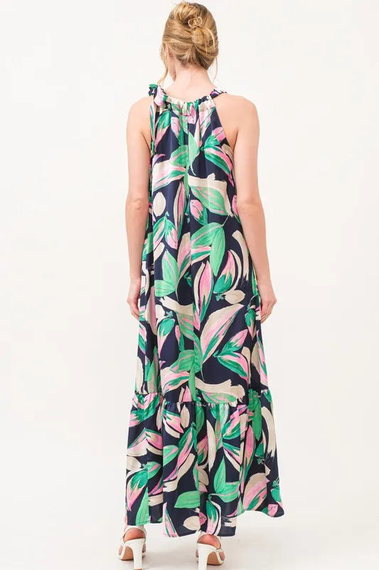 And The Why Botanical Printed Halterneck Tiered Maxi Dress.