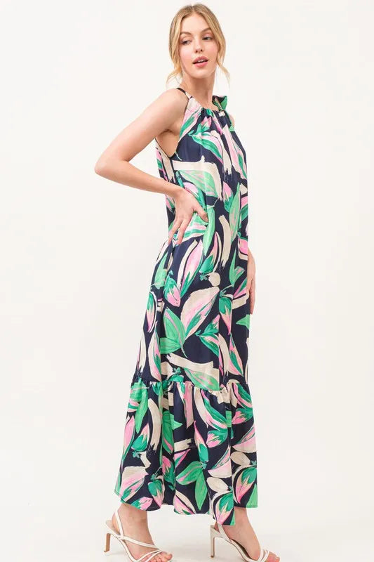 And The Why Botanical Printed Halterneck Tiered Maxi Dress.