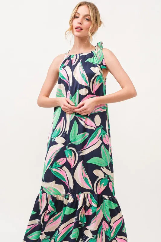 And The Why Botanical Printed Halterneck Tiered Maxi Dress.
