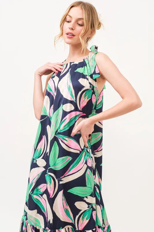And The Why Botanical Printed Halterneck Tiered Maxi Dress.